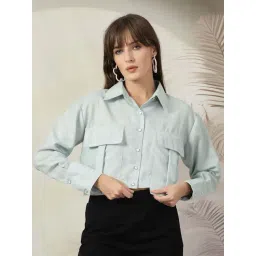 Melon By plusS Blue Cotton Plain Crop Shirt-picture-22