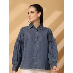Melon By plusS Blue Cotton Plain Shirt-image-2