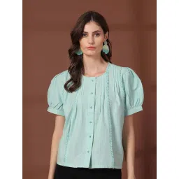 Melon By plusS Blue Cotton Plain Top-picture-38