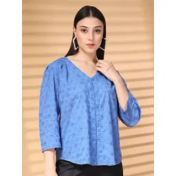 Melon By plusS Blue Cotton Plain Top-image-8
