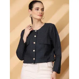 Melon by PlusS Blue Plain Cotton Jackets-picture-28