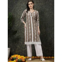 Melon by PlusS Brown Cotton Floral Print Straight Kurta-picture-26