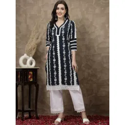 Melon by PlusS Navy Cotton Floral Print Straight Kurta-picture-35