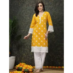 Melon by PlusS Yellow Cotton Floral Print Straight Kurta-picture-37