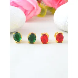 MEMOIR Set Of 2 Gold Plated Ruby & Emerald Studded Oval Shape Studs Earrings-picture-27