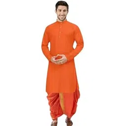 Men Cotton Kurta with Readymade Silk Dhoti With Orange Color-picture-47