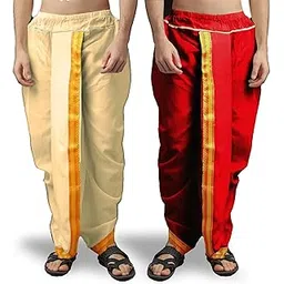 Men's Art Silk Ready to Wear Dhoti |Traditional Indian Outfit | Festival, Wedding & Pooja Wear | Free Size 28–42 Waist | Golden Border | Ethnic Wear Set (Pack of 2)-picture-54