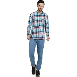 Men's Casual Plaid Cotton Shirt, Long Sleeve, Blue and Red Check Pattern-picture-27