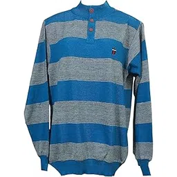Men's Cotton Blend Mock Neck Sweater, Blue and Grey Striped Pattern, Full Sleeve with Button Details-picture-31