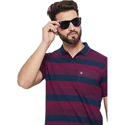 Men's Cotton Blend Regular Fit UNIBERRY Half Sleeve Striper Polo Neck T-Shirt Has A Short Sleeve & Pocket On ChestBZRMT3-MR_XL Red-picture-55