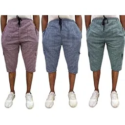 Men's Cotton Checkered Printed 3/4 Capri, Shorts, Red Green Blue- Pack-of -3-picture-32