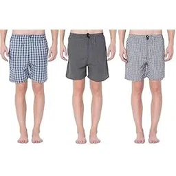 Men's Cotton Lounge Shorts, Pack of 3, Checkered and Solid Patterns, Drawstring Waist-picture-53