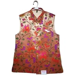 Men's Floral Sleeveless Vest, PAITHANI JACKET Mandarin Collar Button Down, Pink and Purple Botanical Print-picture-33