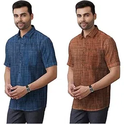 Men's Khadie Cotton Half Sleeves Striped Casual Shirt with Front Pocket Pack of 2-picture-20