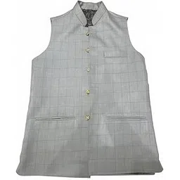 Men's Nehru Jacket, Grey Checkered Pattern, Sleeveless, Mandarin Collar, Gold Buttons, Ethnic Formal Wear-picture-42