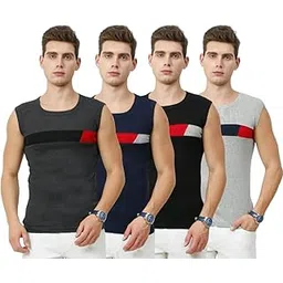 Men's Premium Sleeveless Modern Cotton Gym Vest Round Neck Slim Fit (pack of 4) (XL, BLACK.CHARCOL MILANGE.NAVY BLUE. MILANGE)-picture-43