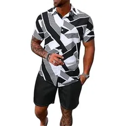Men’s Printed Co-Ord Set | Plus Size Casual Shirt & Shorts Set | Nightwear Pajama Suit, Loungewear, Beachwear & Vacation Outfit Design No ME_NS Sky 01 Black-picture-29