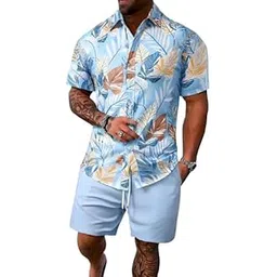 Men’s Printed Co-Ord Set | Plus Size Casual Shirt & Shorts Set | Nightwear Pajama Suit, Loungewear, Beachwear & Vacation Outfit Design No ME_NS Sky 03 Light Blue-picture-51