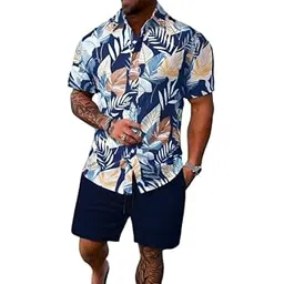 Men’s Printed Co-Ord Set | Plus Size Casual Shirt & Shorts Set | Nightwear Pajama Suit, Loungewear, Beachwear & Vacation Outfit Design No ME_NS Sky 04 Navy Blue-picture-39