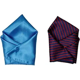 Men's Satin Pocket Square – Light Blue & Navy Blue with Red Stripes – Elegant Handkerchief Set for Suits, Blazers & Formal Attire-picture-34