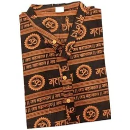 Men's Traditional Om Print Cotton Kurta, Short Sleeve, Mandarin Collar, Sanskrit Text Design, Black with Orange/Yellow/Red Pattern-picture-43