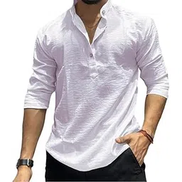 Men's White Popcorn Texture Long Sleeve Shirt | Ethnic Kurta Style with Mandarin Collar-picture-22