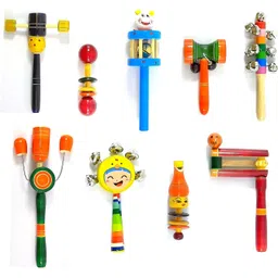 Wooden Head Dumble Cage Damru Ten Tublar Five Whistle Wara (Set of 9) Rattle-image-4