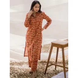 Mera Rang Quirky Printed Shirt Collar Pure Cotton Straight Kurta with Trousers-picture-15