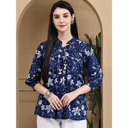 Merira Floral Print Mandarin Collar Cotton Top-picture-39