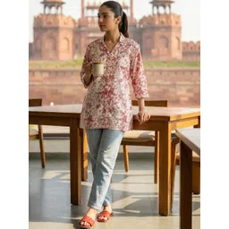 Merira Floral Printed Shirt Collar Pure Cotton Kurti-picture-35