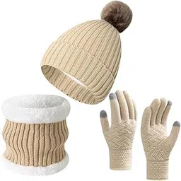 merishopp Winter Hat Scarf Gloves Set Winter Cap Neck Warmer for Running Skiing Hiking Beige|Clothing, Shoes & Accessories|Womens Accessories|Hats-picture-44