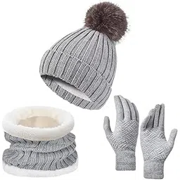 merishopp Winter Hat Scarf Gloves Set Winter Cap Neck Warmer for Running Skiing Hiking Gray|Clothing, Shoes & Accessories|Womens Accessories|Hats-picture-42