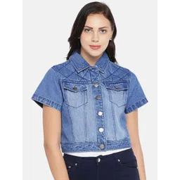 MERLOT Women Blue Solid Water Resistant Crop Denim Jacket-picture-22
