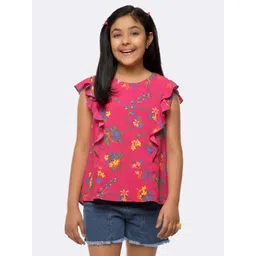 merrigo kidz CACA CINA Girls Magenta & Blue Floral Printed Flutter Sleeves Crepe Top-picture-25