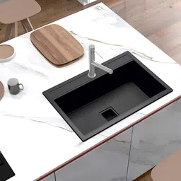meta Quartz Kitchen -Smoky Top Mount -Single Bowl Sink with Waste Coupling & PVC Pipe 30x20_black Under Counter Basin-picture-42