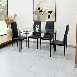 Metal Dining Table Set with 12 mm Thick Clear Glass Top with Chair for Home Kitchen & Dining Room | Strong Wrought Iron Powder Coated Frame (Black Full Cushion, 4 Seater 2.5 x 4 feet)-picture-21