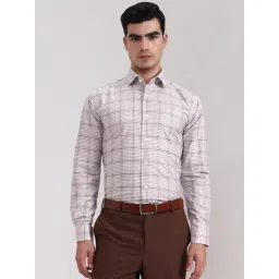 Metal Beige & White Cotton Slim Fit Checked Shirt-picture-48