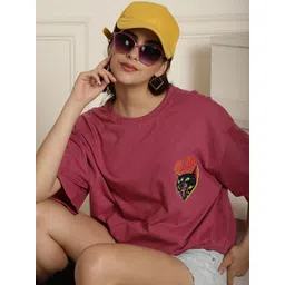 metronaut Typography, Printed Women Round Neck Cotton Blend Pink T-Shirt-picture-10