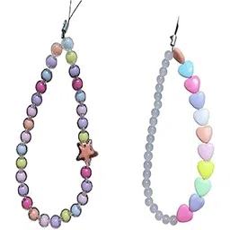 M.F.H Multi Color Multi Design Cute Fimo Beads Phone Chain Pearl Mobile Phone Charm Cell Phone Accessories for Women and Girls STAR AND HEART (PACK OF 2) COMBO-image-16
