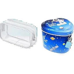 M.F.H Space Theme Heart Shape Coin Bank with Lock and Keys and TRANSPERENT Makeup Bags Cosmetic Storage Bags Toiletries Traveling Bag (Pack of 2) Combo-image-9