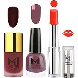 MI Fashion Nail Polish and Lipstick Combo - Maroon Matte Nail Polish Mauve Brown Shine Nail Polish and Orange Crush Lipstick Set of 3-picture-11