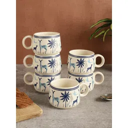 MIAH Decor Cream-Coloured & Blue 6 Pieces Printed Ceramic Matte Cups - 190 ml each-picture-23