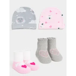 MiArcus Infant Girls Pack Of 2 Printed Beanie Caps with Ankle Length Printed Socks-picture-18