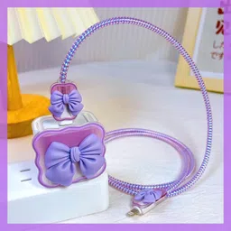 Micvir Charger Cover for iPhone 18W-20W Charger, 3D Cartoon Bow Tie Purple, Spiral Cable Protector image 3