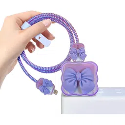 Micvir Charger Cover for iPhone 18W-20W Charger, 3D Cartoon Bow Tie Purple, Spiral Cable Protector image 2