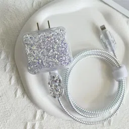Micvir Charger Cover for iPhone 18W-20W Charger, 3D Cartoon Design Sparkle Grey, Spiral Cable Protector-picture-37