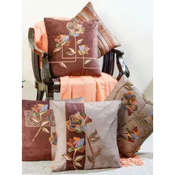 Mid July Home Brown & Blue Set of 5 Floral Velvet Square Cushion Covers-picture-26