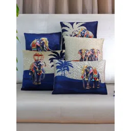 Mid July Home Navy Blue & White 5 Pcs Ethnic Motifs Velvet Square Cushion Covers-picture-22
