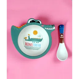 Mihar Essentials Bamboo Fibre Feeding Bowl with Spoon Crocodile Shape (Color & Print May Vary)-image-45