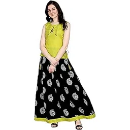 milastru Women's Ethnic Top and Skirt Set, Sleeveless Cotton Solid Top with Crepe Printed Long Skirt-picture-53